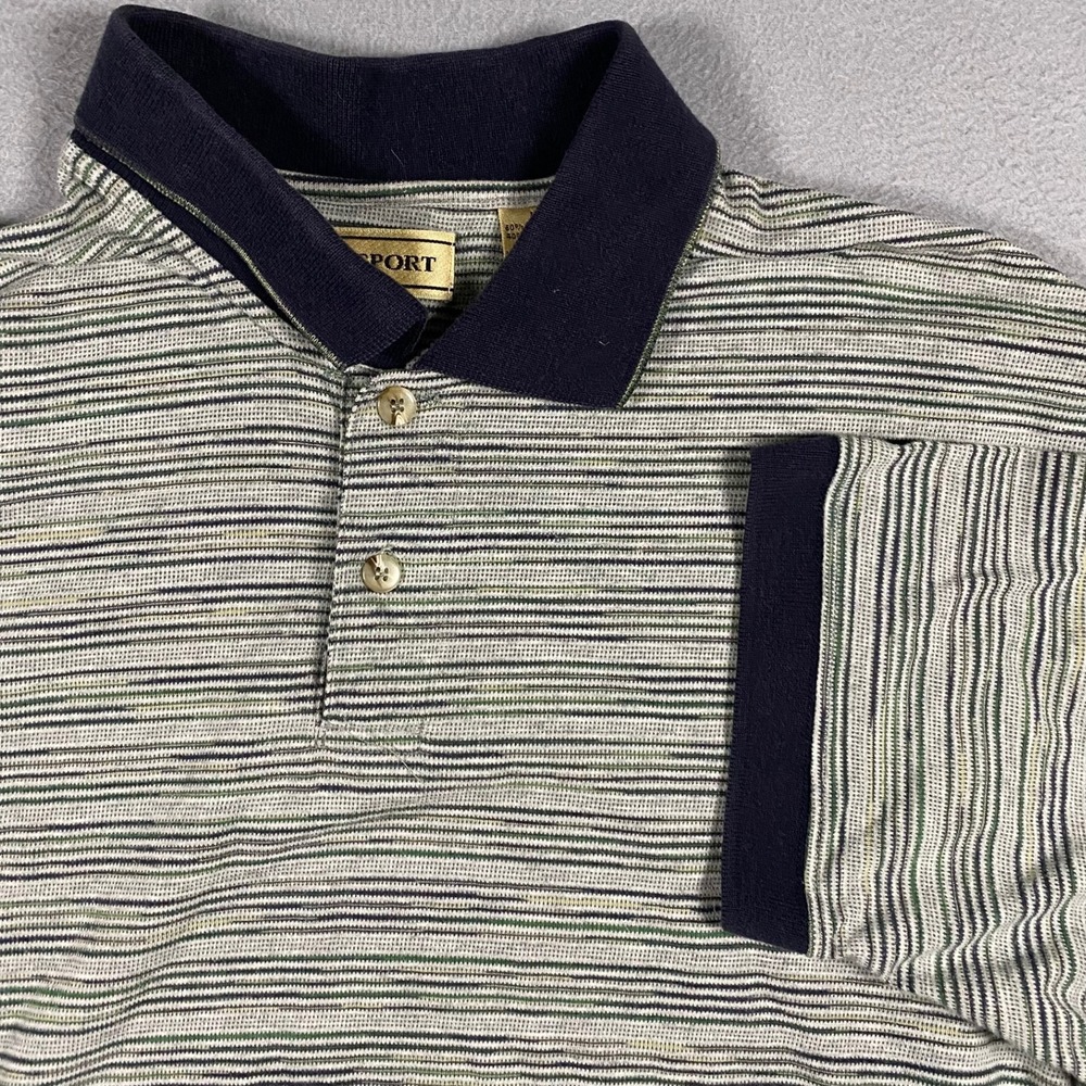 Vintage M.E. Sport Mens Large Striped Polo Shirt Short Sleeve Blue Green Casual
